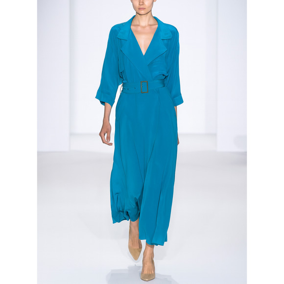 VTG Silk Liz Claiborne Dress 12 Blue Modest Career Midi A Line Button Front Belt - Picture 1 of 10
